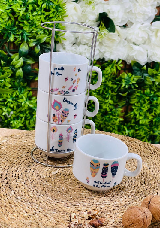 Série de 4 Tasses à Café en Céramique avec Support richa