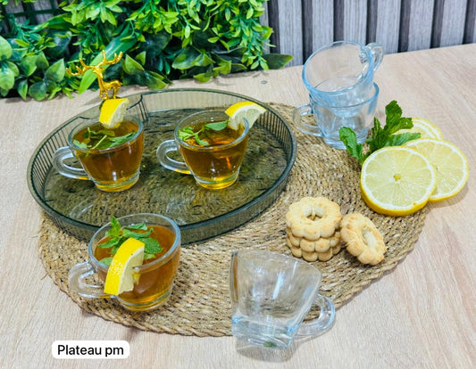 Pack plateau rond noir pm + 6 tasses en verre طبق مدور و كيسان