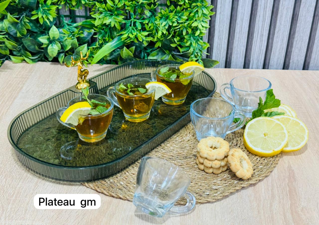 Pack plateau ovale noir gm + 6 tasses en verre طبق و كيسان