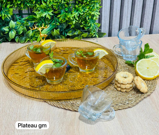 PACK plateau GM en Dorée  Rond + 6 tasse en verre طبق و كيسان