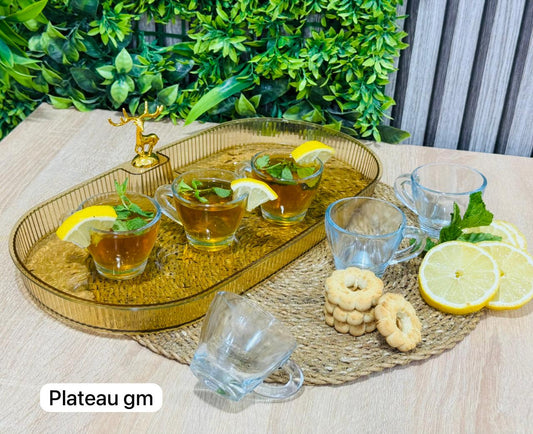 PACK plateau GM en Dorée ovale  + 6 tasse en verre طبق و كيسان
