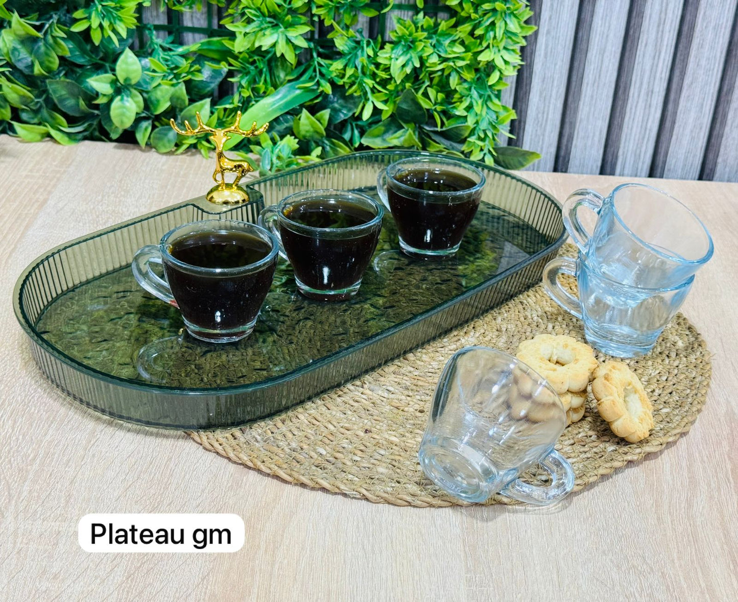 Pack plateau ovale noir gm + 6 tasses en verre طبق و كيسان
