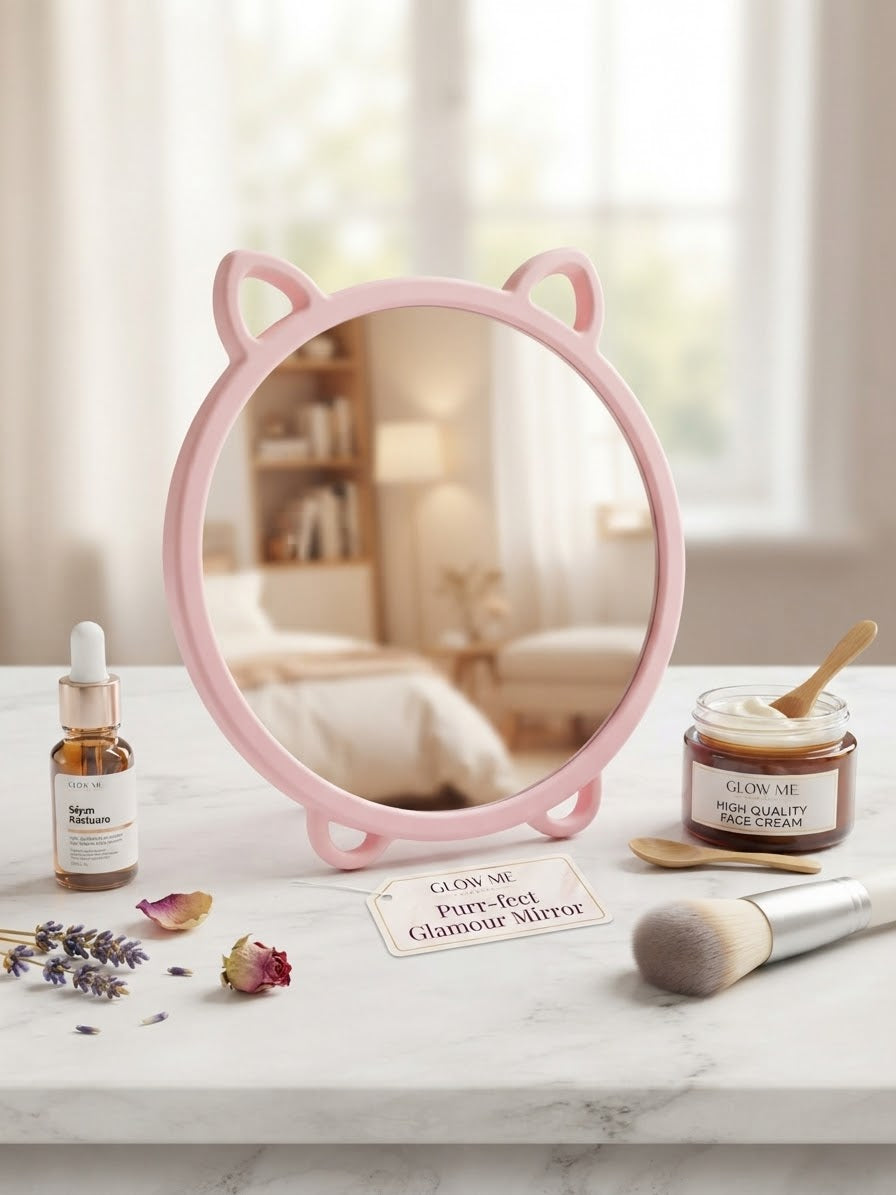 miroir de maquillage pose-table en forme de tête de chat rose