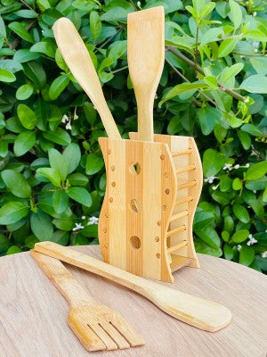 Set de 4 Ustensiles de Cuisine en Bois avec Support