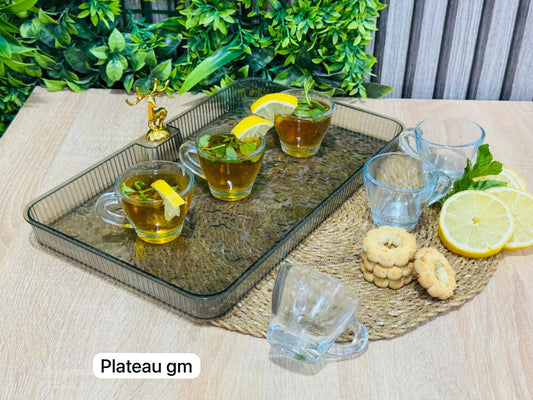 PACK plateau GM en noir rectangulaire + 6 tasse en verre طبق و كيسان