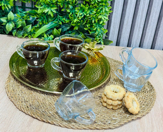Pack plateau doré papillion + 6 tasses en verre طبق و كيسان