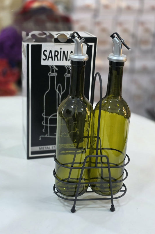 2 bouteilles de huile avec support