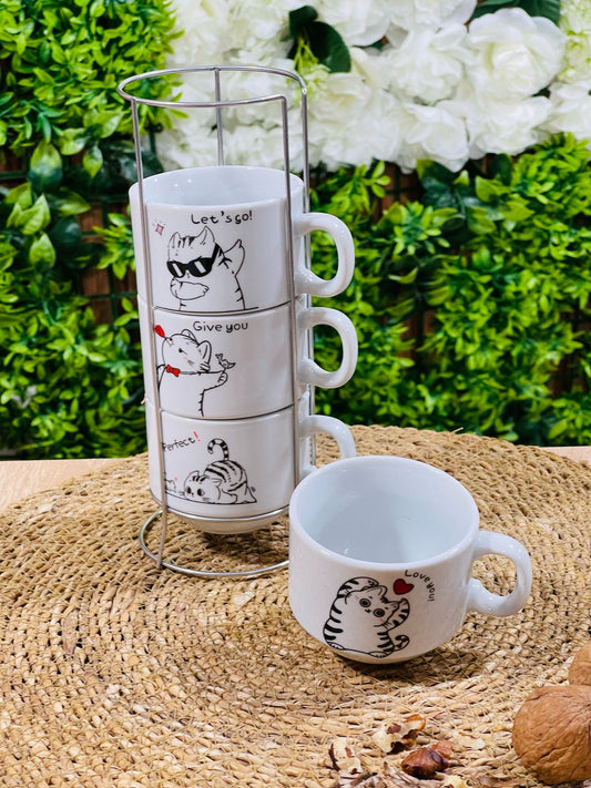 Série de 4 Tasses à Café en Céramique avec Support chat