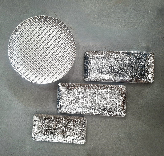 Pack 4 pièces mini présentoir + 3 plateaux argent