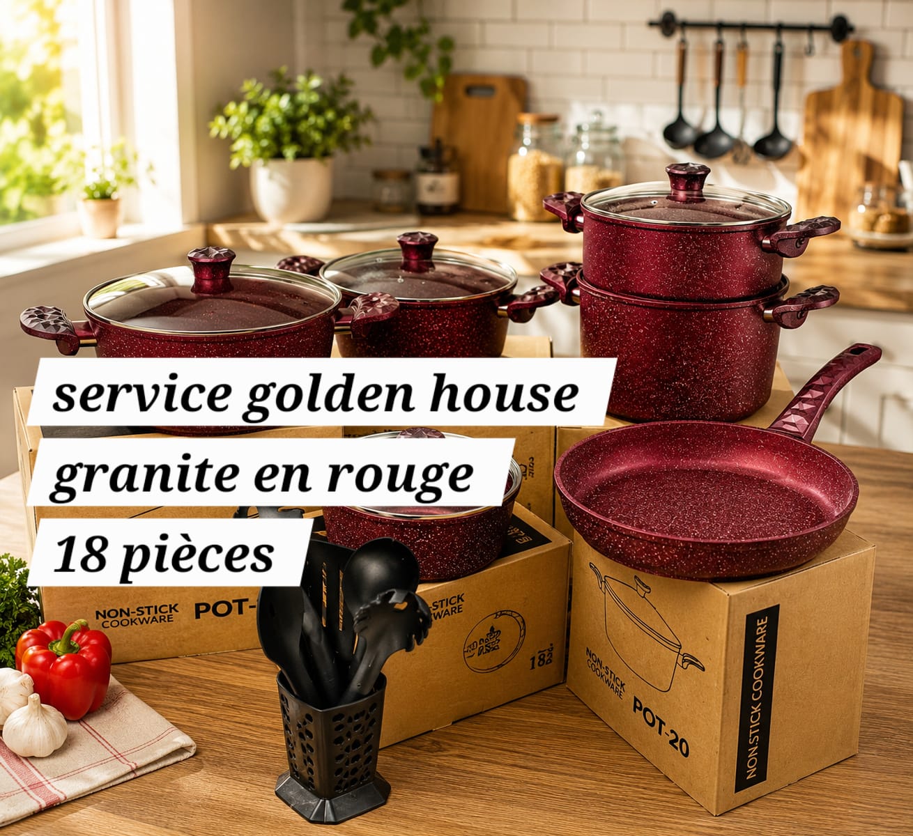 Service Golden house / Batterie de Cuisine 18 pièces granite rouge