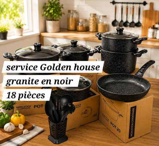 Service Golden house / Batterie de Cuisine 18 pièces granite noir