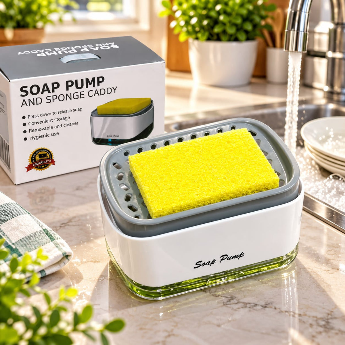 Distributeur de savon avec porte-éponge