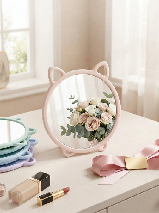 miroir de maquillage pose-table en forme de tête de chat beige
