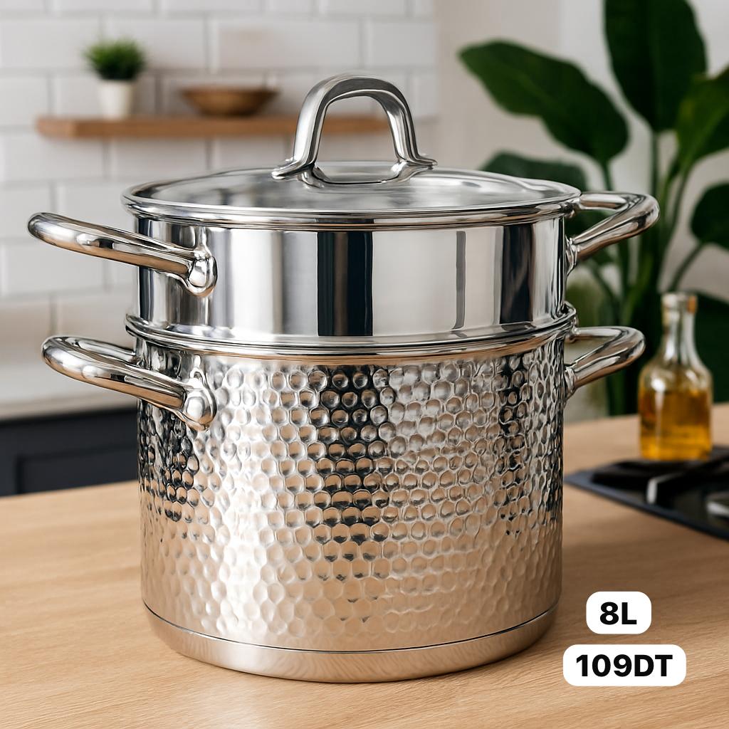 مقفول Couscoussier 8 L en Acier Inoxydable Martelé