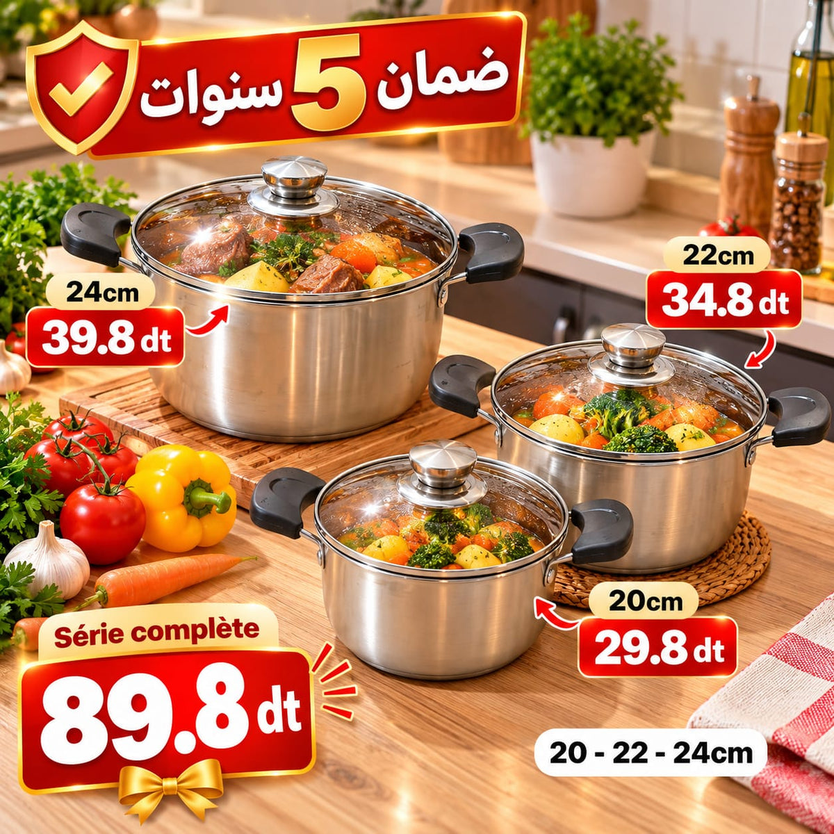 série 3 faitouts cm طناجر/ 20+22+24 ضمان 5 سنوات